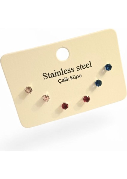 6 Adet Kare Renkli Zirkon Tek Taşlı Çelik Küpe