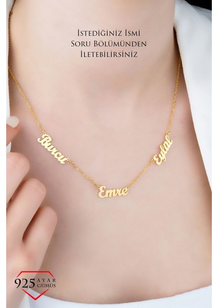 925 Ayar Gümüş Üç Isimli Kadın Kolye, Gold Renk Kaplama