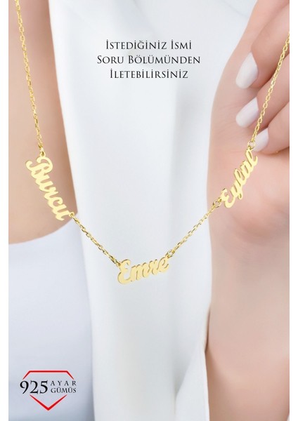 925 Ayar Gümüş Üç Isimli Kadın Kolye, Gold Renk Kaplama fiyatları
