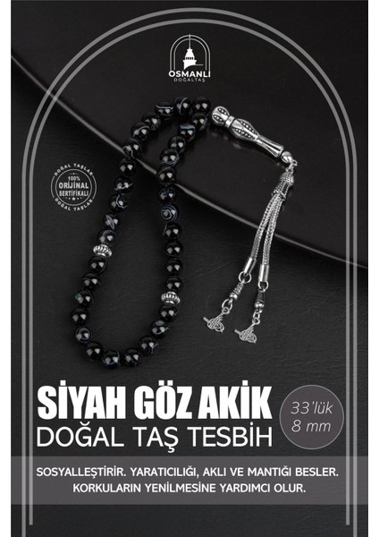 Siyah Göz Akik Doğal Taş Tesbih 33'lü 8mm, Şık ve Doğal Taş Koleksiyonu