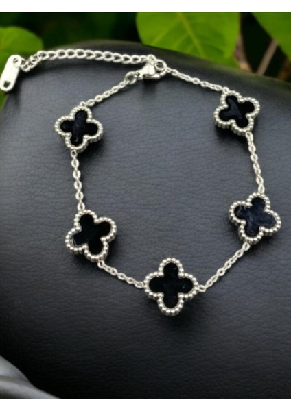 Siyah Renkli 5'li Çift Taraflı Yonca Çelik Zincir Bileklik