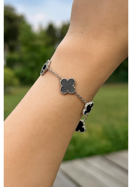 Siyah Renkli 5'li Çift Taraflı Yonca Çelik Zincir Bileklik modelleri