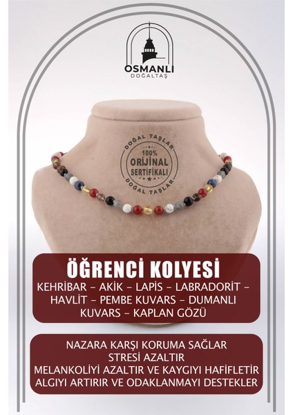 Çok Renkli Öğrenci Kolyesi, Kehribar, Akik, Lapis, Labradorit, Havlit, Pembe Kuvars, Kaplan Gözü