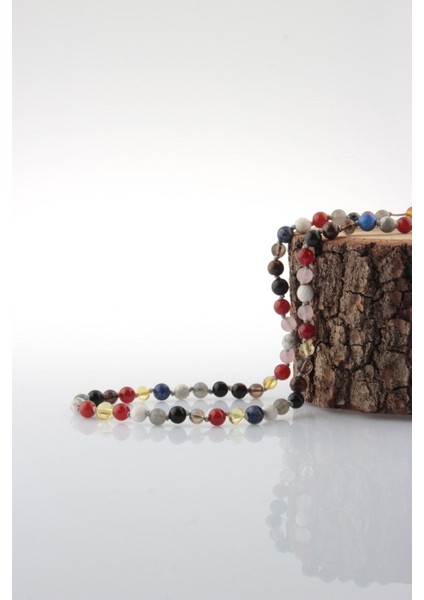 Çok Renkli Öğrenci Kolyesi, Kehribar, Akik, Lapis, Labradorit, Havlit, Pembe Kuvars, Kaplan Gözü fırsatları