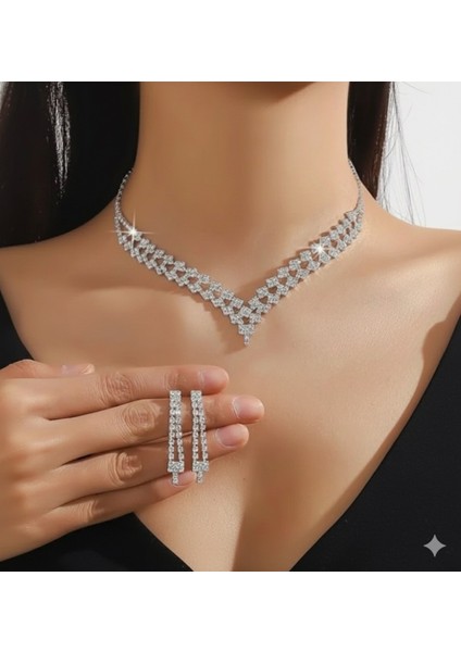 Doğa Gümüş Kaplama Zirkon Taşlı Takı Seti, Düğün, Nişan, Davet ve Partiler Için Şık Tasarım