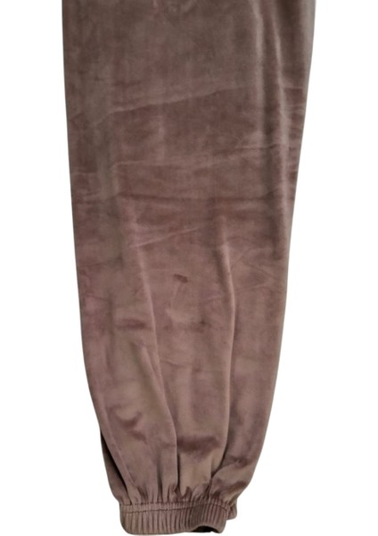 Kadın Bayan Fransız Kadife Battal Büyük Beden Bel Lastikli Süs Bağcıklı Cepsiz Eşofman Altı Pijama Tayt Pantolon