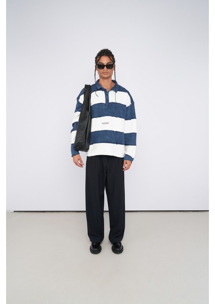 Oversize Polo Yaka Çizgili Sweatshirt