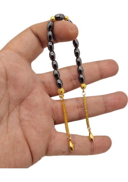 Altın ve Doğal Taş Detaylı Arpa Hematit Zaza Tesbih, Şık ve Özgün Tasarım