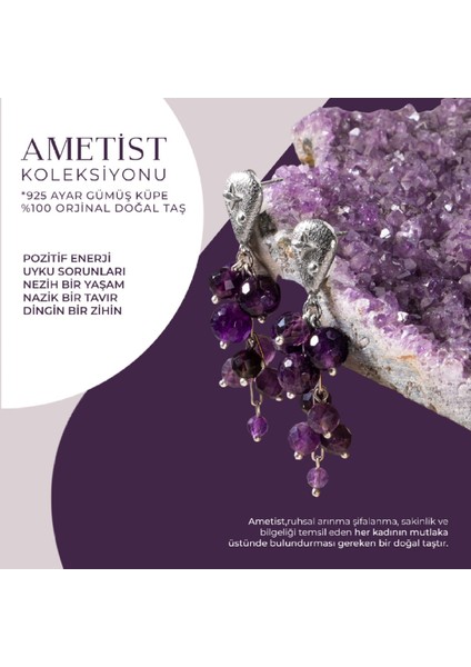 El Işçiliği Ametist Taşlı Salkım Gümüş Küpe, Zarif ve Özgün Tasarım