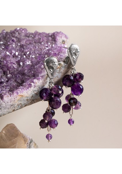 El Işçiliği Ametist Taşlı Salkım Gümüş Küpe, Zarif ve Özgün Tasarım modelleri