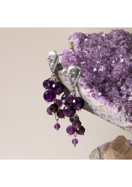 El Işçiliği Ametist Taşlı Salkım Gümüş Küpe, Zarif ve Özgün Tasarım fırsatları