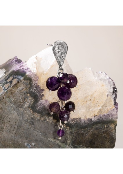 El Işçiliği Ametist Taşlı Salkım Gümüş Küpe, Zarif ve Özgün Tasarım indirimleri