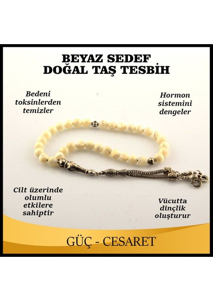 Doğal Beyaz Sedef Taş Tesbih 6 Mm, Sertifikalı, Zarif ve Şık Takı Parçası