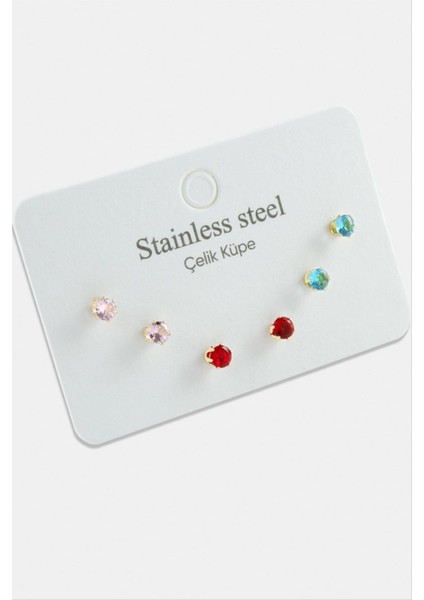 6 Adet Yuvarlak Renkli Zirkon Tek Taşlı Çelik Küpe