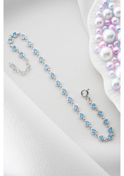 925 Ayar Gümüş Rodyum Kaplama Aquamarin Taşlı Kalpli Bileklik, Şık ve Zarif Tasarım modelleri