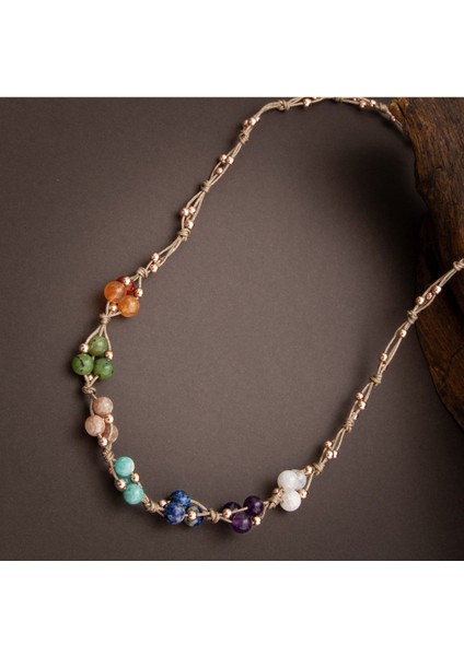 El Işçiliği Çok Renkli Çakra Kolye 6mm Doğal Taşlı Makrome Kapama