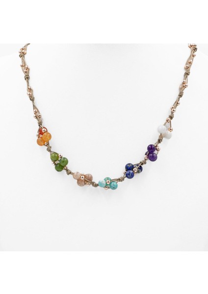 El Işçiliği Çok Renkli Çakra Kolye 6mm Doğal Taşlı Makrome Kapama