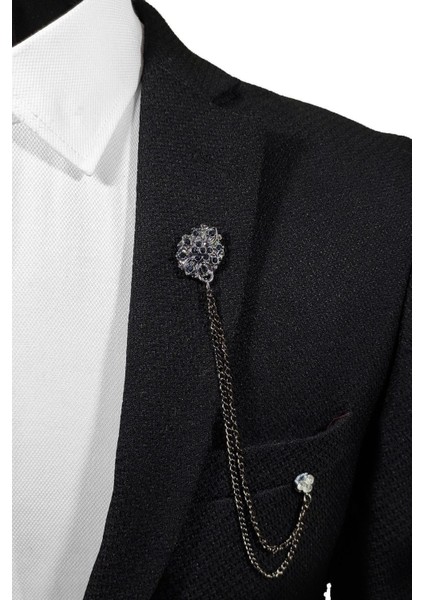 Gri ve Lacivert Taş Detaylı Şık Yaka Iğnesi ve Zinciri, Zarif Aksesuar Seçeneği