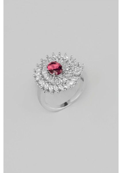 Kırmızı Taşlı 18 Ayar Beyaz Altın Kaplama Gümüş Yüzük