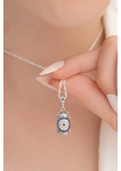 Mavi Taşlı Gümüş Kadın Muska Cevşen Kolye modelleri