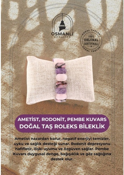 Doğal Taş Roleks Bileklik, Ametist, Rodo­nit, Pembe Kuvars, Şık ve Zarif Tasarım