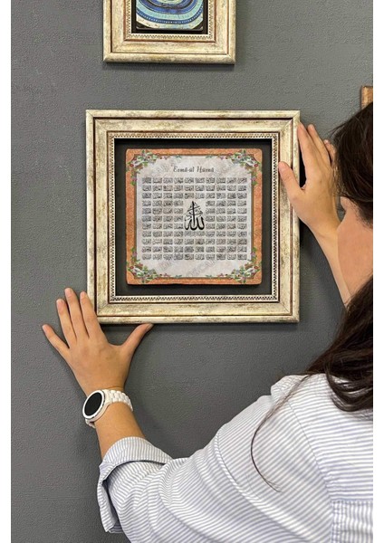 Renkli Taşlı Çerçeveli Esmaül Hüsna Tablo 30X30 Cm, Ev Dekoru