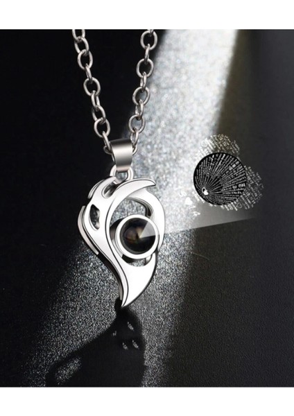 Iki Dilde Sevgi Projeksiyonlu Mıknatıslı Çift Kolye Gümüş Tasarım