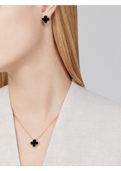 925 Ayar Gümüş Siyah Oniks Yonca Tasarımlı Vintage Kolye fiyatları