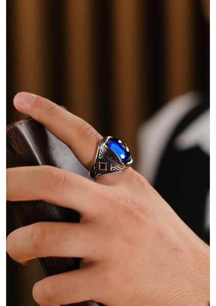 El Işçiliği Mavi Taşlı Gümüş Yüzük, Zarif ve Şık Tasarım fiyatları