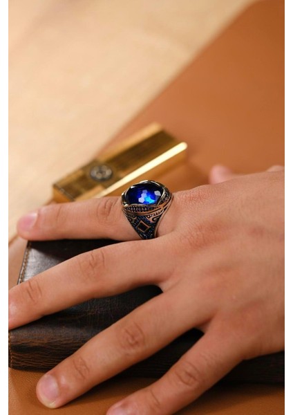 El Işçiliği Mavi Taşlı Gümüş Yüzük, Zarif ve Şık Tasarım modelleri