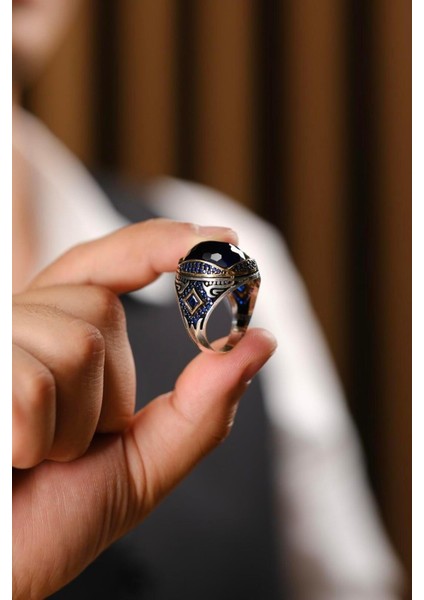 El Işçiliği Mavi Taşlı Gümüş Yüzük, Zarif ve Şık Tasarım fırsatları