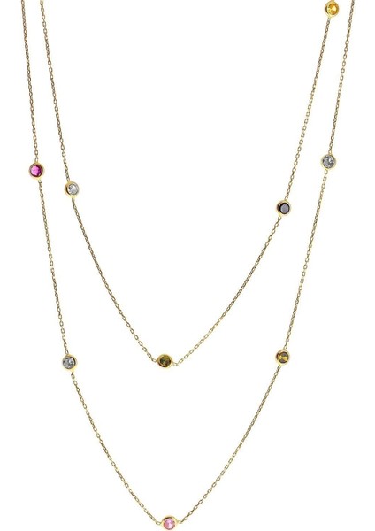 Renkli Zirkon Taşlı Uzun Zarif Kolye, 100 Cm, Şık Takı Modeli