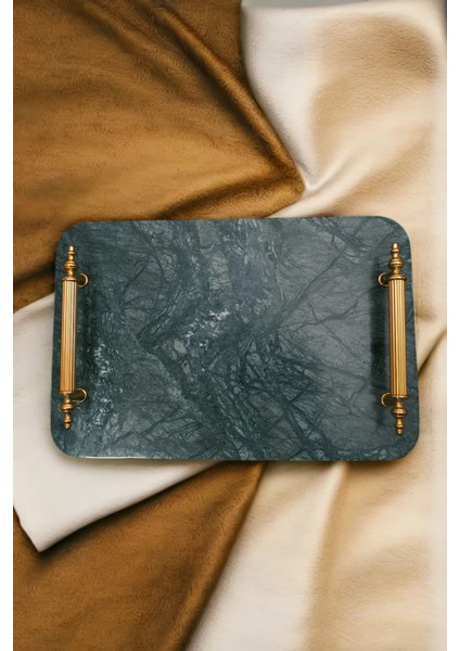 Yeşil Mermer Tepsi, Altın Kulplu, Doğal Taş, Sunum ve Dekorasyon Için Şık Tasarım modelleri