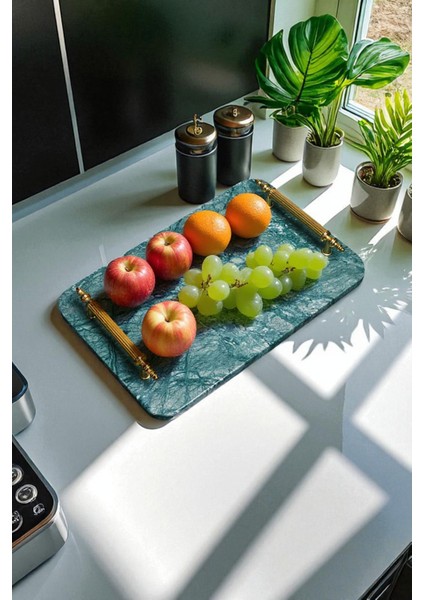 Yeşil Mermer Tepsi, Altın Kulplu, Doğal Taş, Sunum ve Dekorasyon Için Şık Tasarım fırsatları