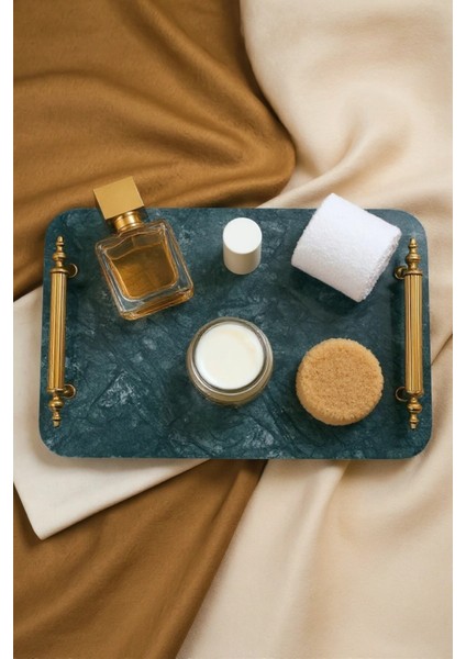 Yeşil Mermer Tepsi, Altın Kulplu, Doğal Taş, Sunum ve Dekorasyon Için Şık Tasarım