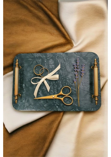 Yeşil Mermer Tepsi, Altın Kulplu, Doğal Taş, Sunum ve Dekorasyon Için Şık Tasarım