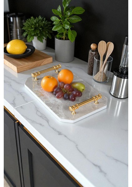 Gri Mermer Tepsi, Altın Kulplu, Doğal Taş, Sunum ve Dekorasyon Için Şık Tasarım