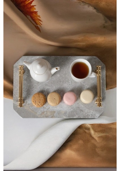 Gri Mermer Tepsi, Altın Kulplu, Doğal Taş, Sunum ve Dekorasyon Için Şık Tasarım fırsatları