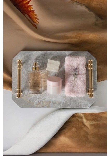 Gri Mermer Tepsi, Altın Kulplu, Doğal Taş, Sunum ve Dekorasyon Için Şık Tasarım