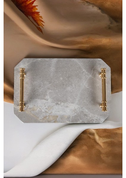 Gri Mermer Tepsi, Altın Kulplu, Doğal Taş, Sunum ve Dekorasyon Için Şık Tasarım