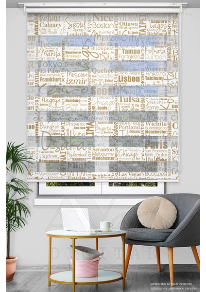 Dünya Şehirleri Basklı Zebra Stor Perde - Krem Açık Kahverengi - Dijital Baskılı Zebra Perde