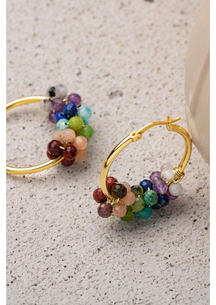 7'li Çakra Doğal Taşlı Gümüş Halka Küpe 3-4mm, Altın Kaplama modelleri