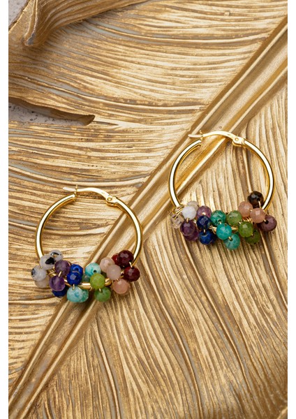 7'li Çakra Doğal Taşlı Gümüş Halka Küpe 3-4mm, Altın Kaplama fırsatları