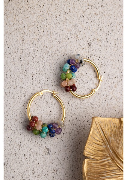 7'li Çakra Doğal Taşlı Gümüş Halka Küpe 3-4mm, Altın Kaplama indirimleri