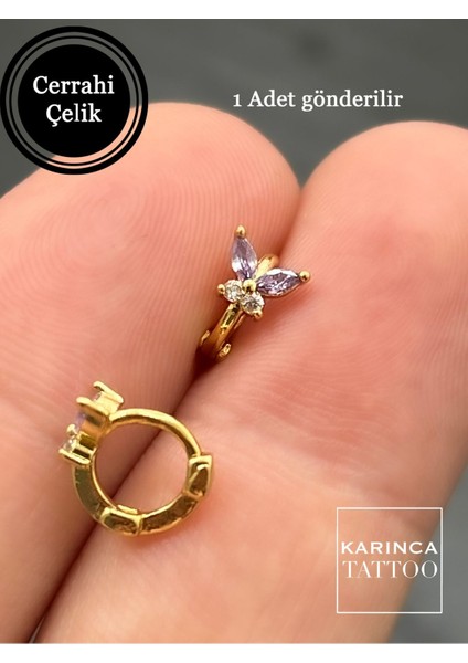 Mor Taşlı Kelebek Halka Piercing, Şık ve Zarif Kulak Takısı