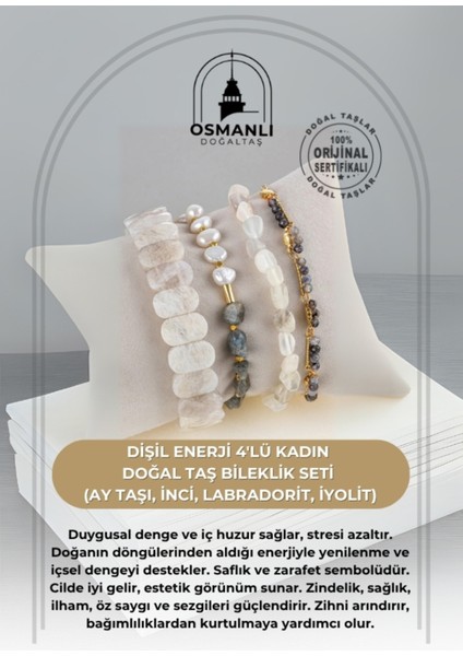 Doğal Taşlı Kadın Bileklik Seti, Ay Taşı, Inci, Labradorit, Iyolit, Sertifikalı