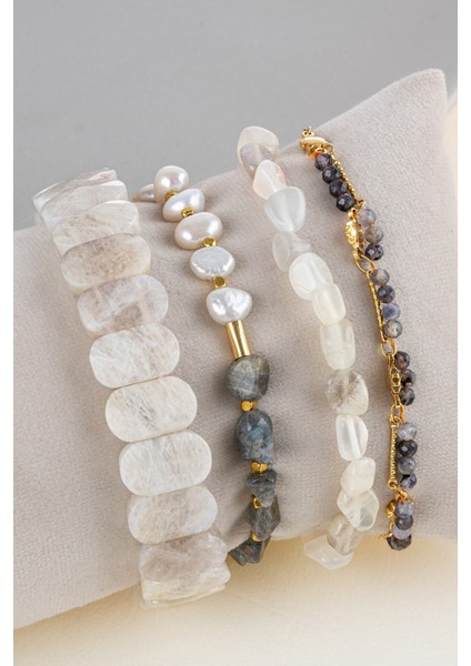 Doğal Taşlı Kadın Bileklik Seti, Ay Taşı, Inci, Labradorit, Iyolit, Sertifikalı fiyatları