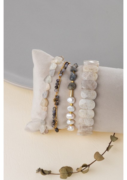 Doğal Taşlı Kadın Bileklik Seti, Ay Taşı, Inci, Labradorit, Iyolit, Sertifikalı modelleri