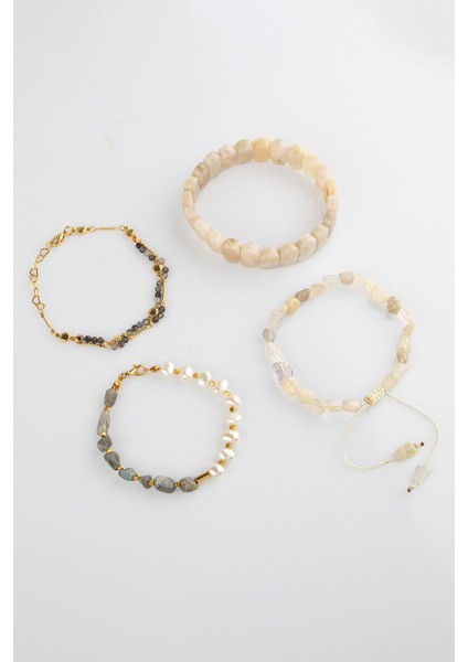 Doğal Taşlı Kadın Bileklik Seti, Ay Taşı, Inci, Labradorit, Iyolit, Sertifikalı fırsatları