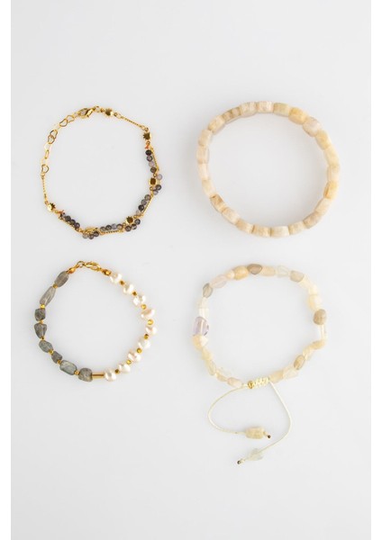 Doğal Taşlı Kadın Bileklik Seti, Ay Taşı, Inci, Labradorit, Iyolit, Sertifikalı indirimleri